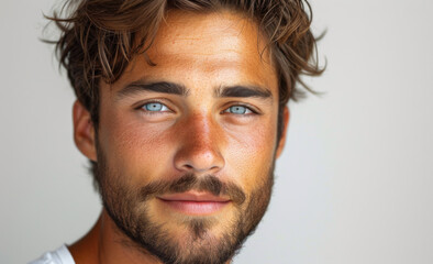 Obraz premium Young man with striking blue eyes and tousled hair gazes confidently at the camera in a natural light setting, showcasing a relaxed expression and well-groomed beard