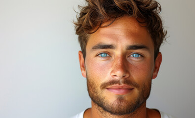 Fototapeta premium Bright blue eyes and tousled hair showcase a confident young man posing against a simple background in a casual setting during daylight
