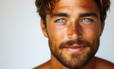 Obraz premium Young man with striking blue eyes and tousled hair poses against a neutral background showcasing a sun-kissed complexion and confident smile during daytime