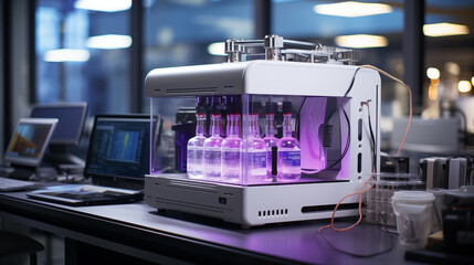 Modern laboratory with automated liquid handling system and purple reagent bottles on a benchtop.