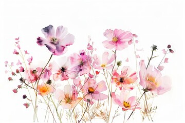 Obraz na płótnie Canvas Watercolor botanical art summer pink flowers on white background, horizontal banner