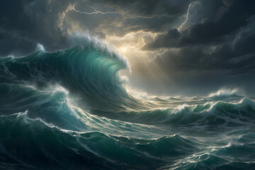 A scene of a stormy sea with rain clouds - obrazy, fototapety, plakaty