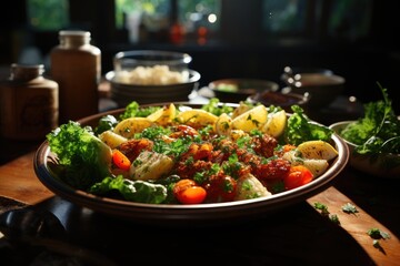 Frontal front view with vegetables and lettuce on a dish, generative IA - obrazy, fototapety, plakaty