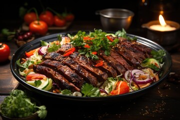 Front view of grilled meat with vegetables and lettuce with grated cheese on a pla, generative IA - obrazy, fototapety, plakaty