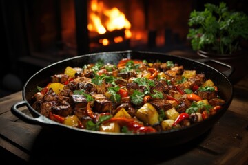 Frontal meal view of cooked vegetables with sliced ??meat and peppers in a pan on , generative IA