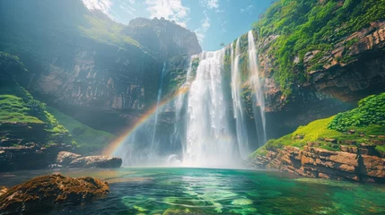 Foto op Canvas A majestic waterfall cascades down a cliff amidst lush greenery with a rainbow arcing in the mist, ideal for travel or nature-themed content. © Jonas