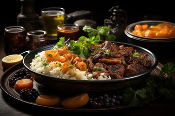 Stem sight of lamb stew meat with fried onion and dried fruits with rice on a plat, generative IA - obrazy, fototapety, plakaty