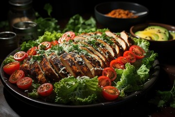 Side view salad caesar grilled chicken fresh tomato lettuce and Parmesan cheese, generative IA - obrazy, fototapety, plakaty
