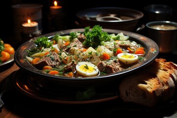 Superior view of vegetable soup with meat inside the gray plate, generative IA