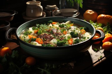 Superior view of vegetable soup with meat inside the gray plate, generative IA