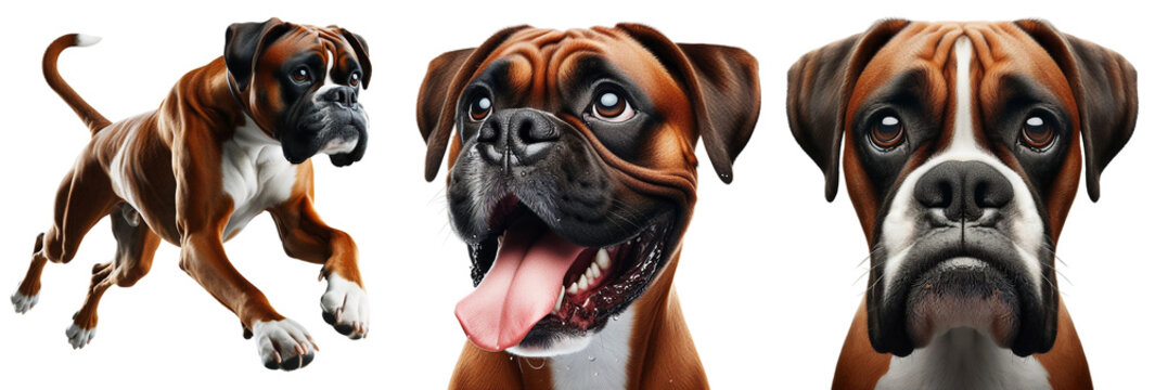 Cut-Out Set of Boxer Dog and Bulldog: Happy, Sad, Playing, Jumping, and Running on Transparent Background, Detailed PNG, High Quality, Ready for Your Project