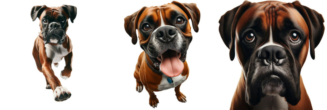 Cut-Out Set of Boxer Dog and Bulldog: Happy, Sad, Playing, Jumping, and Running on Transparent Background, Detailed PNG, High Quality, Ready for Your Project