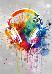 Abstract headphones bursting with colorful splatters, digital art on a purple backdrop.	
