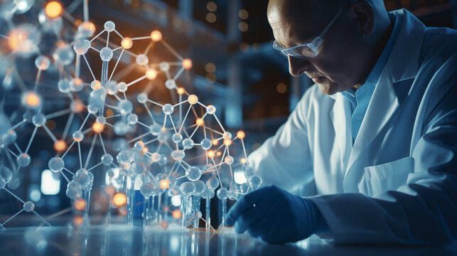 Focused scientist examining chemical samples in a modern laboratory with blue lighting.