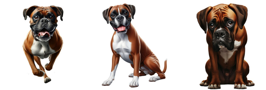 Cut-Out Set of Boxer Dog and Bulldog: Happy, Sad, Playing, Jumping, and Running on Transparent Background, Detailed PNG, High Quality, Ready for Your Project