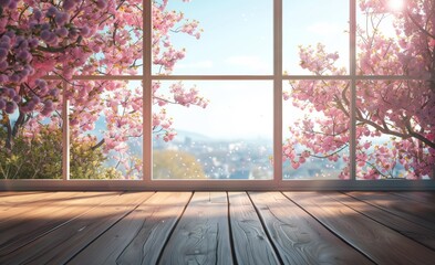Empty wooden table, blooming apple trees garden view from open window, display template