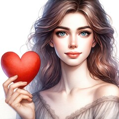 Watercolor painting of a woman with a red heart