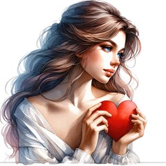 Watercolor painting of a woman with a red heart