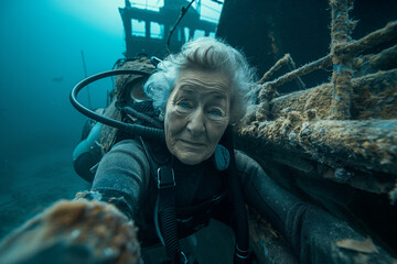 Old lady taking a photo under the sea