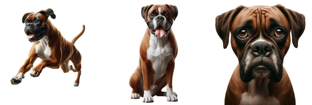 Cut-Out Set of Boxer Dog and Bulldog: Happy, Sad, Playing, Jumping, and Running on Transparent Background, Detailed PNG, High Quality, Ready for Your Project