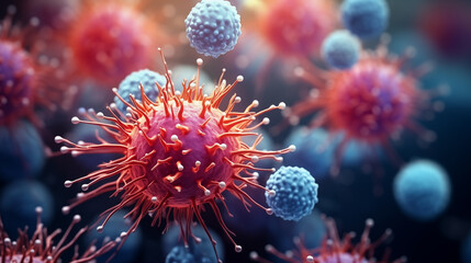 3D illustration of various viruses and bacteria, prominent red virus, medical research and diseases