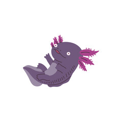 Cute floating purple Axolotl with paws, vector small friendly amphibian reptile, cartoon aquatic salamander creature