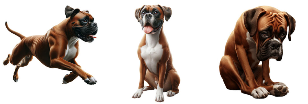 Cut-Out Set of Boxer Dog and Bulldog: Happy, Sad, Playing, Jumping, and Running on Transparent Background, Detailed PNG, High Quality, Ready for Your Project