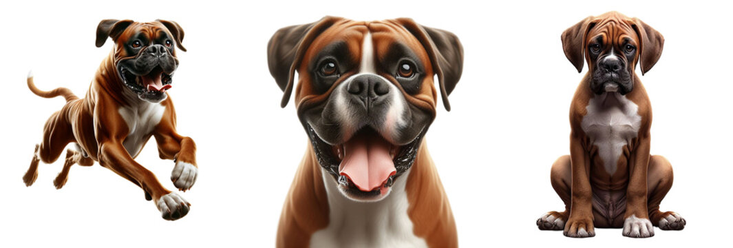 Cut-Out Set of Boxer Dog and Bulldog: Happy, Sad, Playing, Jumping, and Running on Transparent Background, Detailed PNG, High Quality, Ready for Your Project