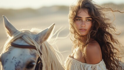 A young woman with wild curly hair poses alongside a white horse in a desert setting