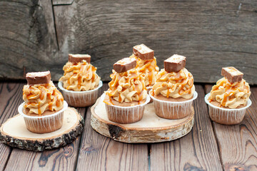 Delicious chocolate cupcakes with peanut butter frosting, chocolate bites and salted caramel sauce on rustic wooden background