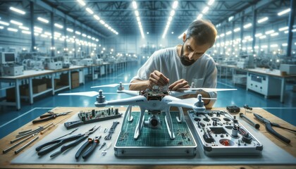 Man repairing Collecting Parts a drone on the background of a factory interior. New technologies in drone production