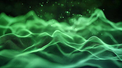 HD Green Background: Waves of Light Filled with Glowing 3D Objects, Multi layered Grid, Ideal for Banners, Wallpapers, and Backgrounds to Evoke the Complexity of Data Analysis and Visualization