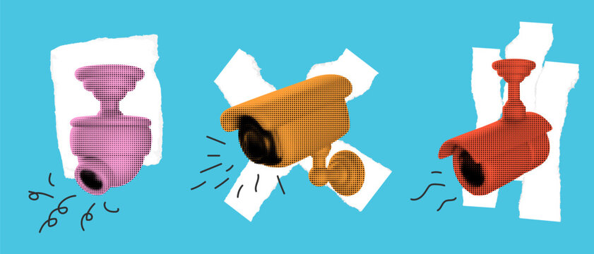 Set modern bright collage composition. Minimal concept design for branding, advertising with halftone security or surveillance camera in fashion pop art style. Vector illustration.