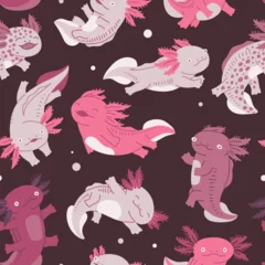 Zelfklevend Fotobehang Cute pink Axolotls are swimming on seamless pattern, Amphibian reptile vector illustration, little salamander on dark © sabelskaya