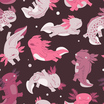 Cute pink Axolotls are swimming on seamless pattern, Amphibian reptile vector illustration, little salamander on dark