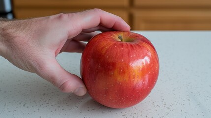 A Hand's Gentle Embrace of a Lustrous Red Apple