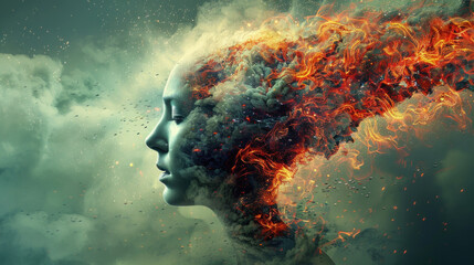 Woman with her head on fire - symbol of headache, stress, mental problems - obrazy, fototapety, plakaty