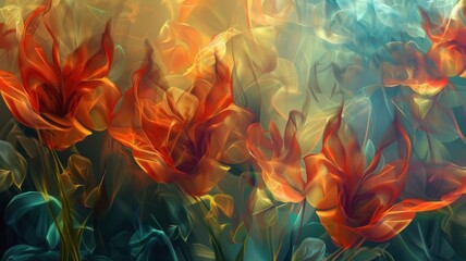 Abstract fiery flowers with soft background - The image features vibrant abstract floral designs, simulating a fiery explosion of petals against a fluid, smoky backdrop