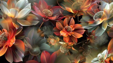 Abstract glowing flowers digital artwork - Vibrant digital art illustration of luminous, overlapping flowers with a dreamy, ethereal glow conveying a fantastical ambiance