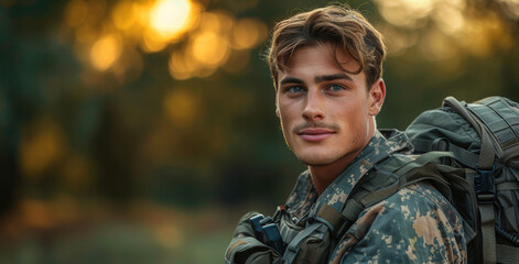 Obraz premium Military personnel poses during golden hour with backpack in natural setting showcasing determination and focus in a tranquil environment