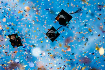graduation hats flying in the sky with confetti, graduation celebration