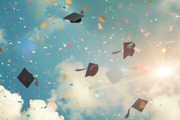 graduation hats flying in the sky with confetti, graduation celebration - obrazy, fototapety, plakaty