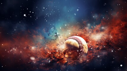 Baseball in cosmic dust and stars - A baseball hovers in space, surrounded by a mystical blend of cosmic dust and distant stars, creating a surreal sports fantasy