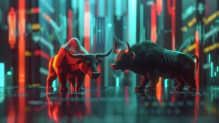 Bull and bear in dynamic stock market representation - A striking depiction of a bull and bear face-off representing the dynamic nature of the stock market