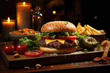 Big Mac Hamburger and Potatoes is on a dark wood plate., generative IA