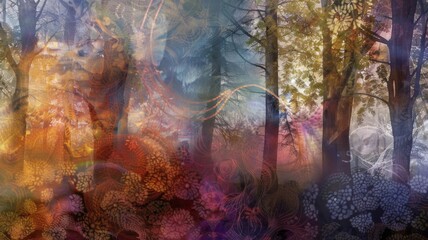 Obraz na płótnie Canvas Colorful digital forest with abstract elements - A vibrant and surreal digital forest scene, filled with abstract elements, invoking imagination and wonder