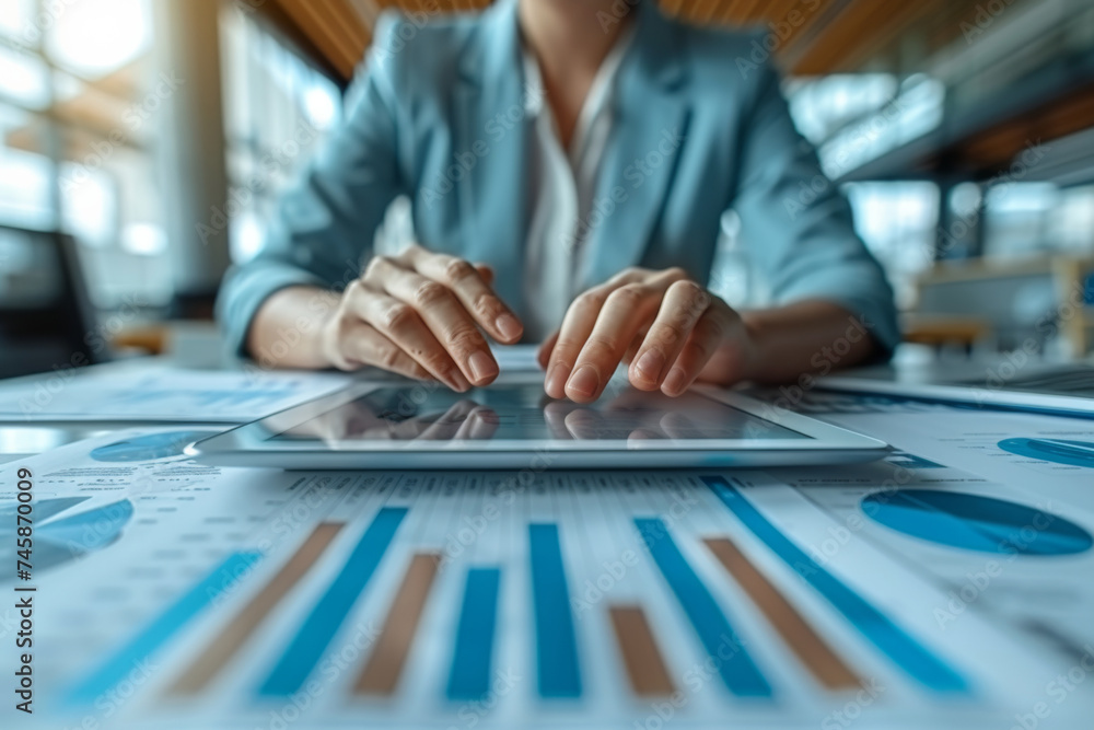 Poster business professional analyzing data on tablet while seated at desk in modern office with charts and