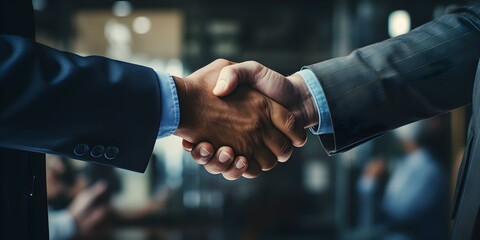 Business men in office shake hands enthusiastically to celebrate successful meeting. Concept Business, Success, Celebration, Office Meeting, Handshake - obrazy, fototapety, plakaty