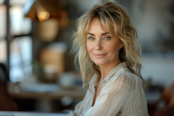 Woman with blonde hair enjoying a serene moment indoors during the late afternoon light while reflecting on life and experiences with a calm expression