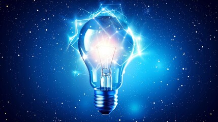Bright light bulb with glowing network connections on a deep blue cosmic background, symbolizing ideas and innovation.